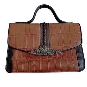 Vintage Brown Faux Leather Crocodile Embossed Small Satchel Handbag 7x5